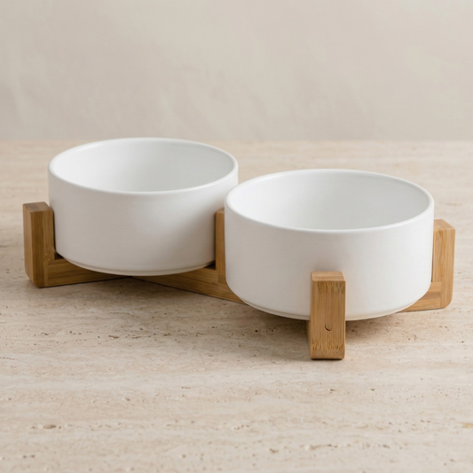 Premium Ceramic Pet Bowl with Elevated Bamboo Stand